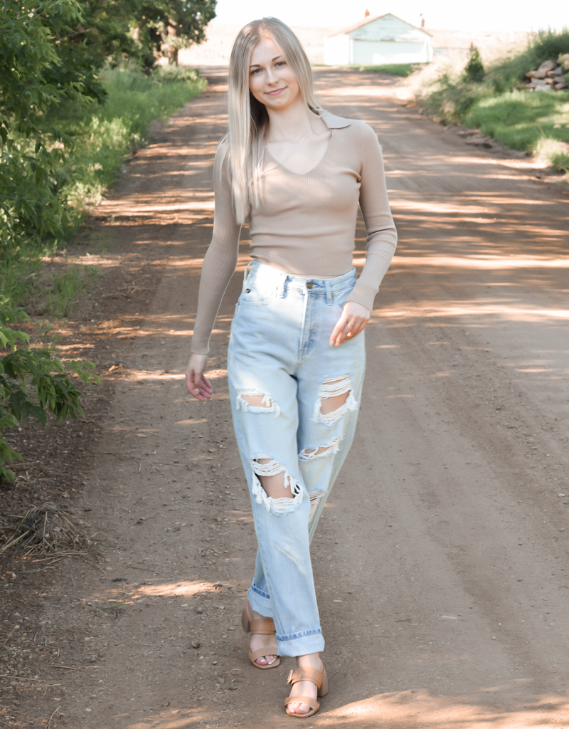 Collared V Neck Sweater Top - Taupe