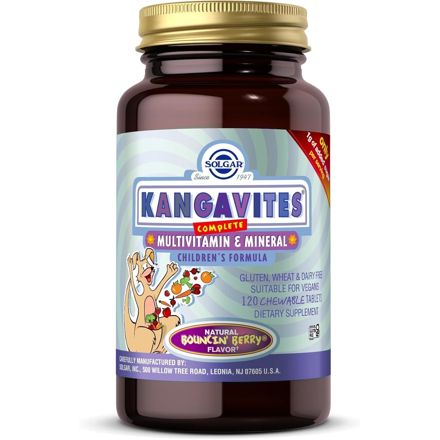 Solgar Kangavites, Formula Multi-Vitamina & Minerale e Kompletuar për Fëmijë, Shije Manaferre, 120 Tableta të Përtypshme