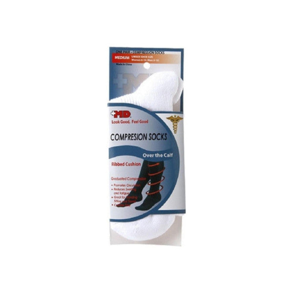 +MD Unisex gerippte Kompressionssocken, Over the Calf, Weiß, Medium – Graduierte Kompression für Durchblutung & Unterstützung (1 Paar)