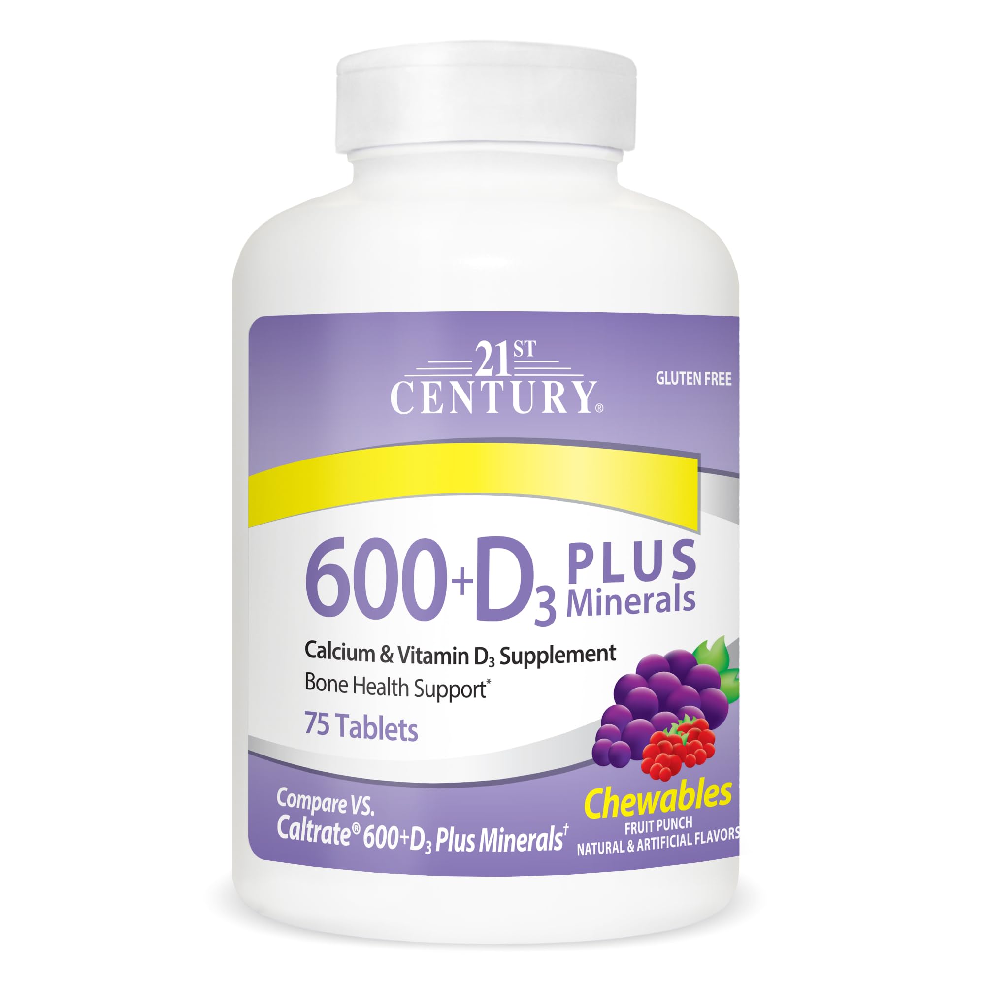 21st Century Kalcium 600 Mg +D Plus Minerale Tableta të Përtypura Fruta Mikse