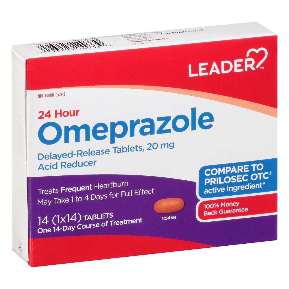 Leader (Tm) Reduktues Acidi 24 Orëshe 20 Mg Tableta me Lëshim të Vonuar 14 copë (Krahasohet me Prilosec Otc)