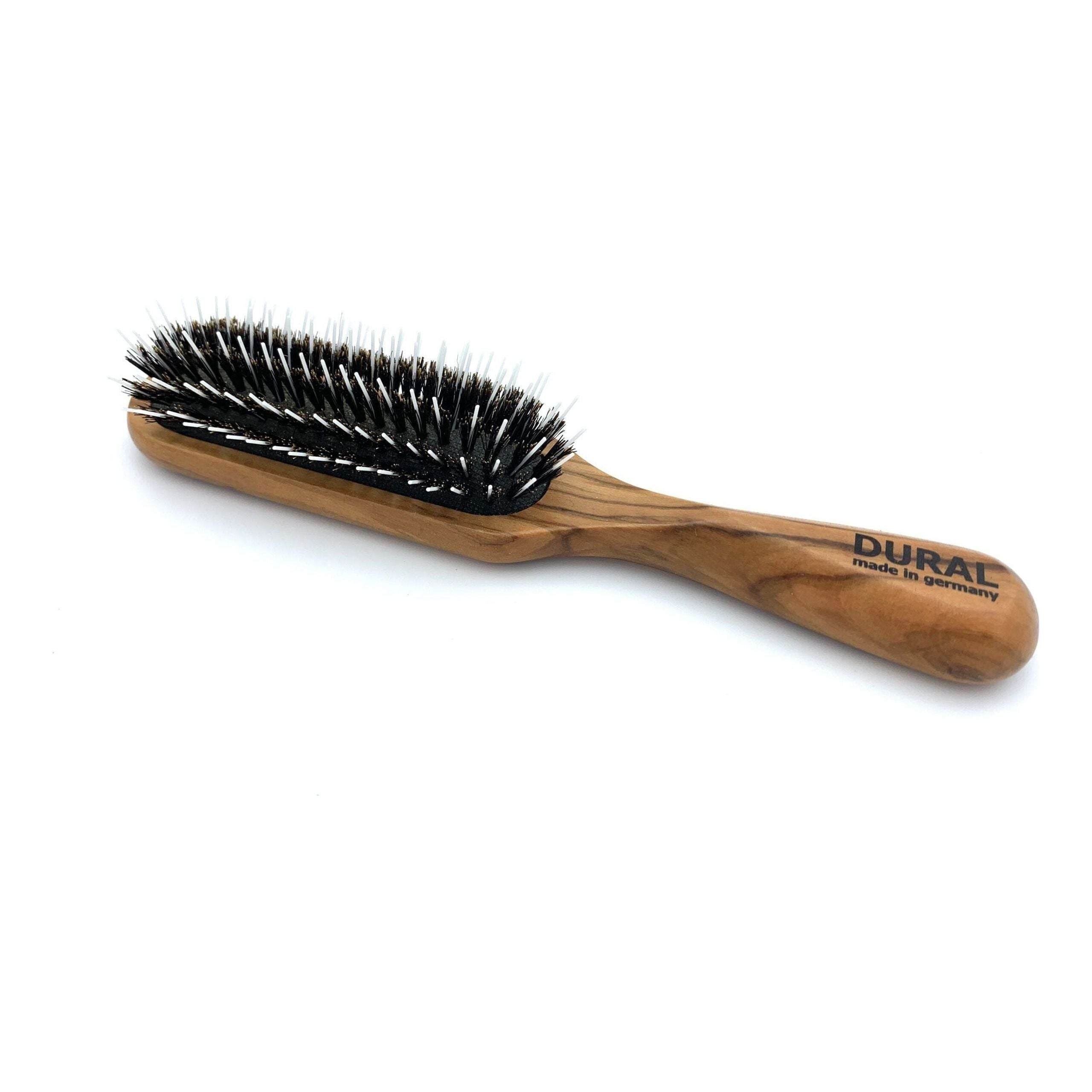 Haarbürste Dural für Styling & Pflege, Gummikissen, Wildschweinborsten mit Styling-Stiften, Olivenholz