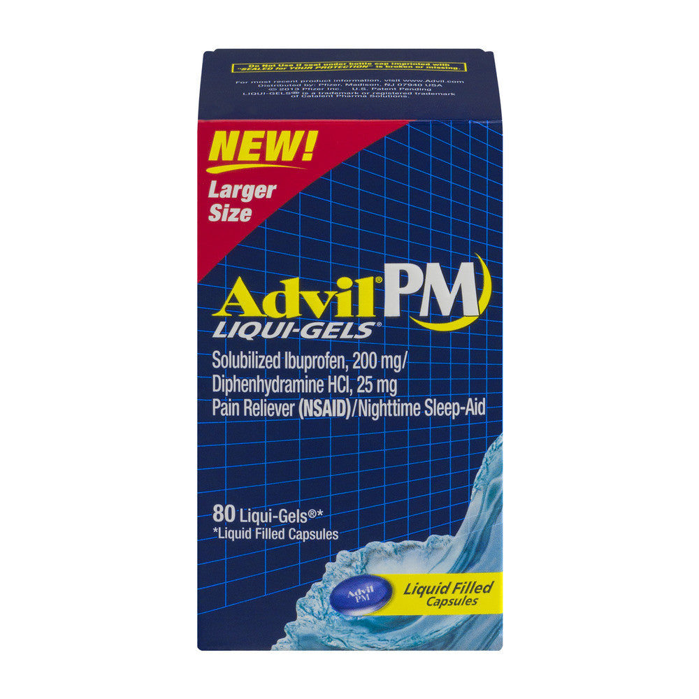 Advil PM Liqui-Gels Lehtësues Dhimbjesh/Ndihmës për Gjumë Gjatë Natës Kapsula të Mbushura me Lëng - Ibuprofen (NSAID)