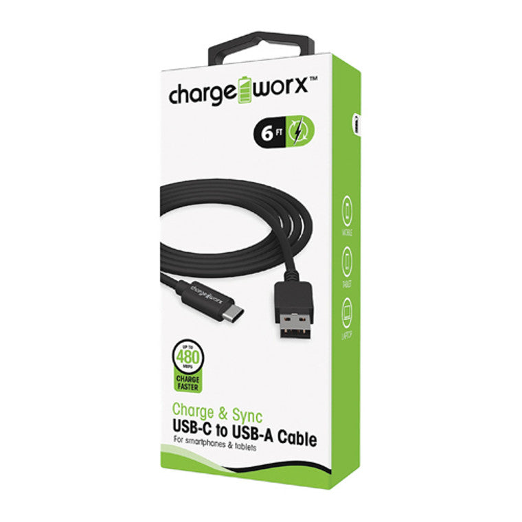 Kabllo Charge Worx® 6ft USB-C në USB-A për Sinkronizim dhe Karikim – E zezë