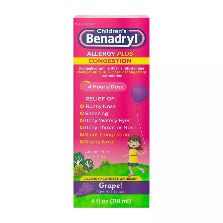 Benadryl Për Fëmijë Alergji Plus Lehtësim Kongjestioni Lëng - Rrushi - Difenhidraminë - 4 Fl Oz