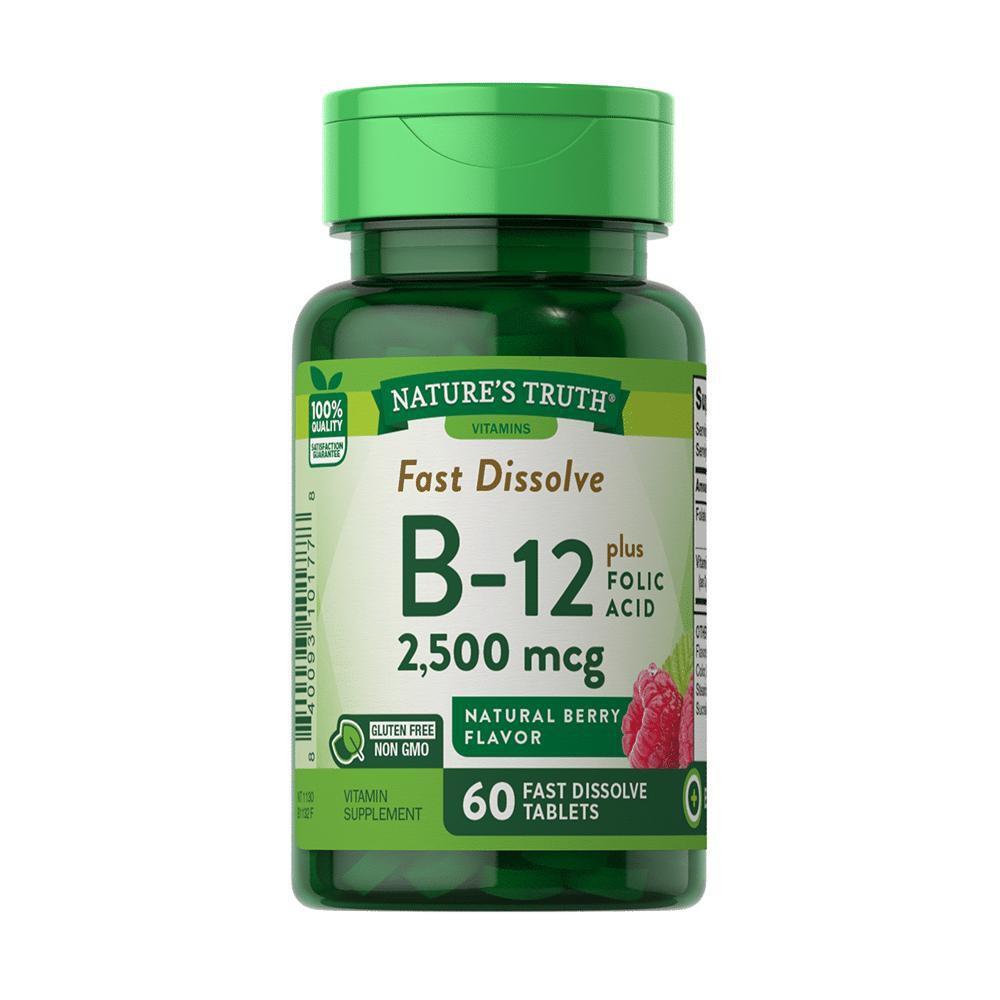 Nature's Truth Vitamin B-12 2500mcg Plus Folsäure Schnellauflösende Tabletten – Natürlicher Beerengeschmack 60 St.