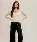 Pointelle Tie  Waist Sweater Top - Off White