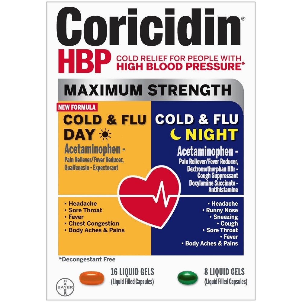 Coricidin HBP Maximum Strength Tag/Nacht Erkältung & Grippe 24 Flüssigkapseln