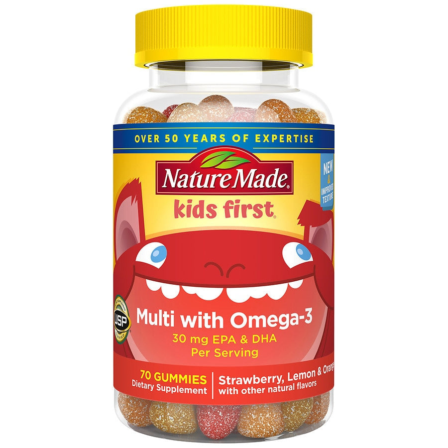 Nature Made Kids First Multivitaminë + Omega 3 Gummy - Luleshtrydhe, Limon & Portokall - 70 copë