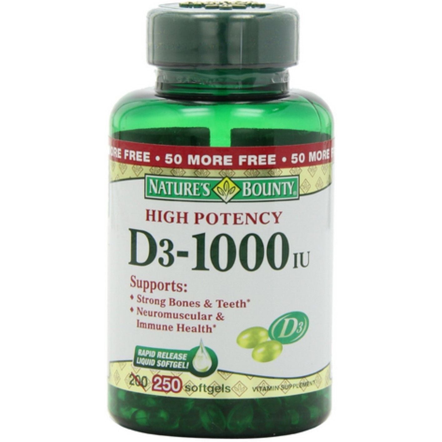 Nature's Bounty Vitamin D3, 25 µg (1000 IE), 250 schnell freisetzende Softgels