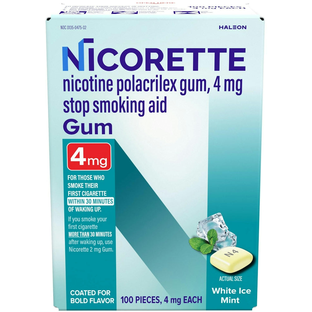 Ndihmës për ndalimin e duhanit çamçakëz me nikotinë Nicorette, 4 mg, me shije mente të bardhë akulli