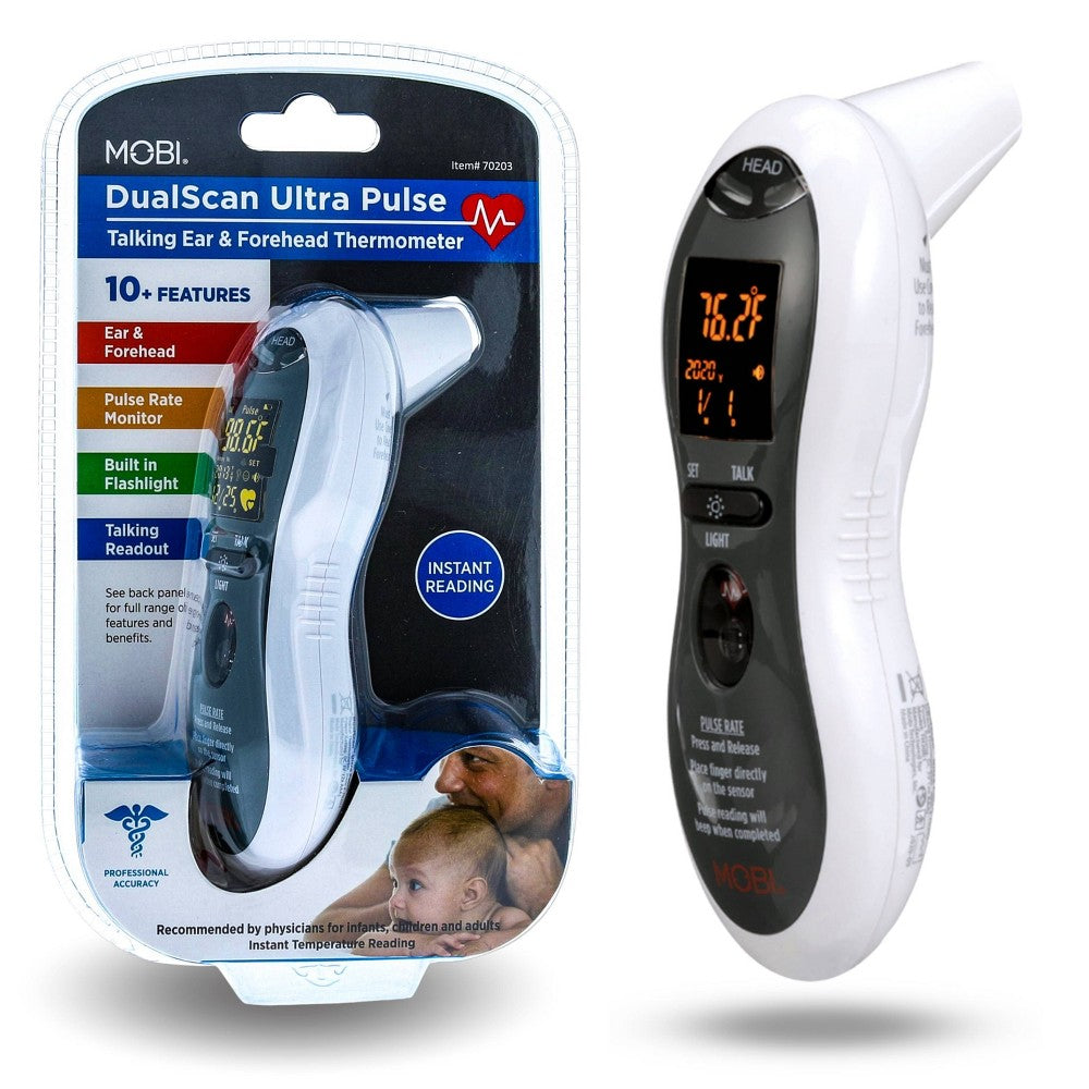 Mobi Technologies, Inc. DualScan Ultra Pulse Sprechendes Digitales Ohr- und Stirnthermometer mit Herzfrequenzmessung