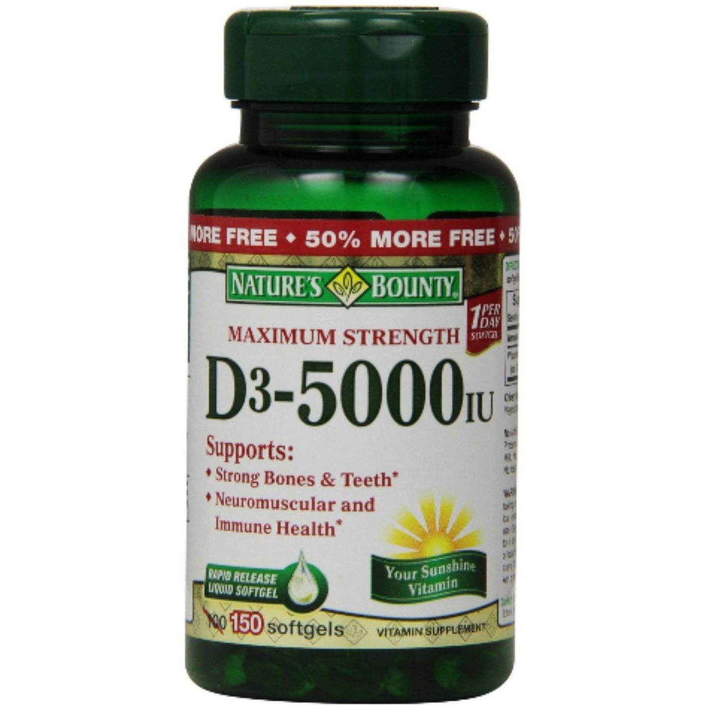 Nature's Bounty Immune Health Vitamina D3 Kapsula të Buta me Lëshim të Shpejtë, 125 Mcg