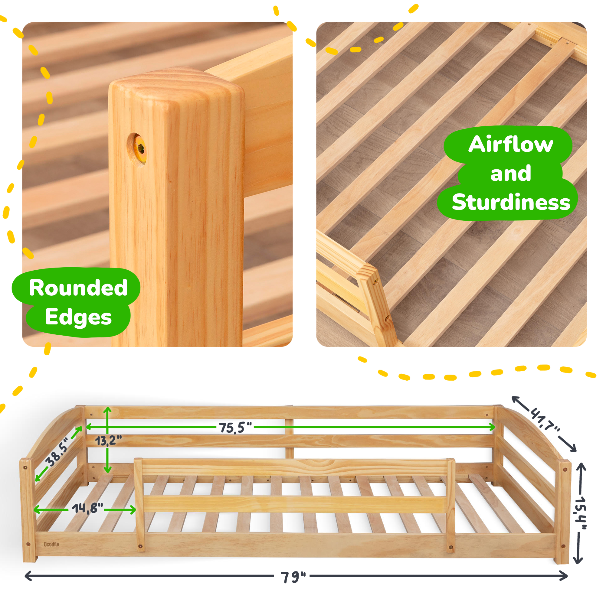 Twin Floor Bed with Safety Guardrails for Kids(Montessori Inspired)