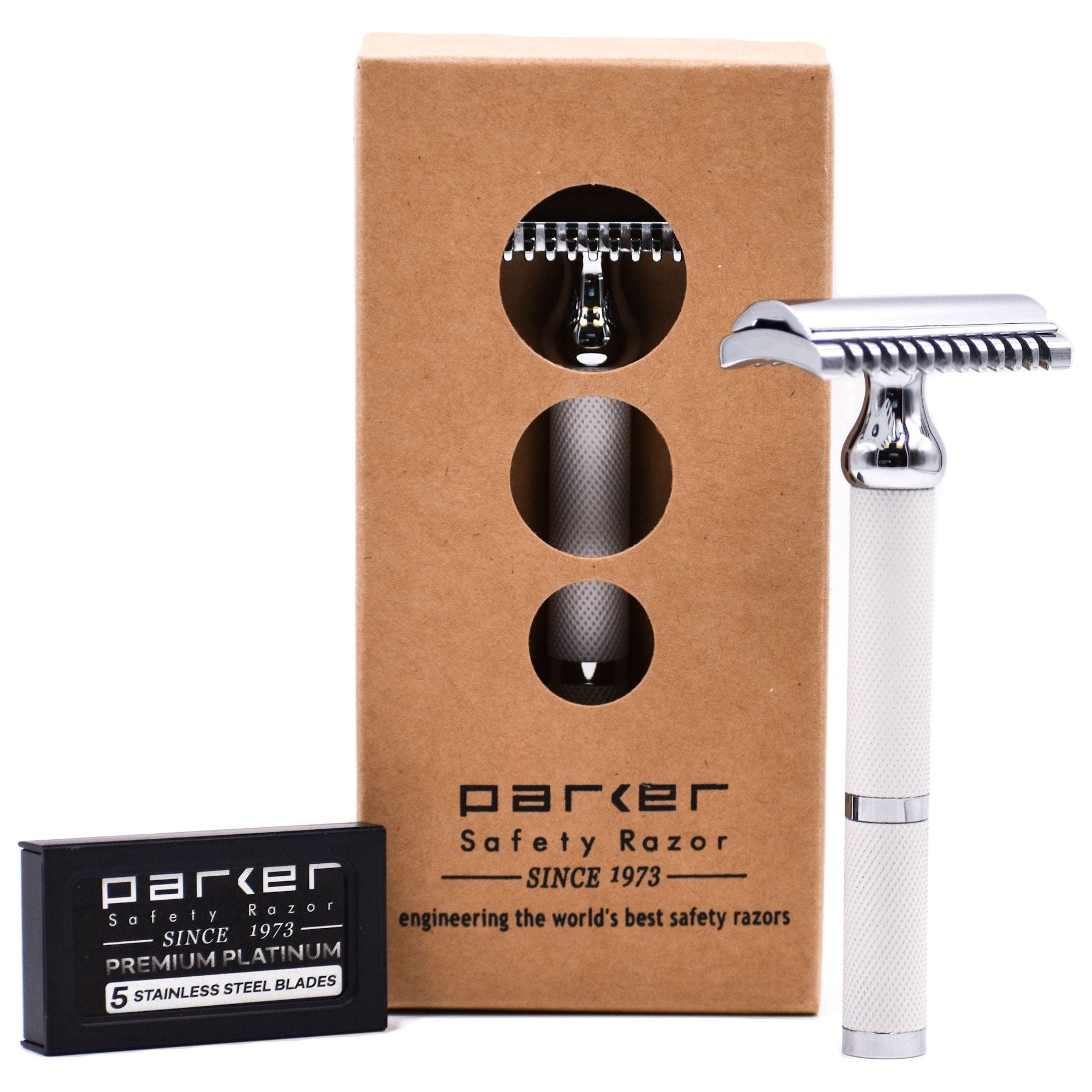 Parker 70C Weiß und Chrom offener Kamm Rasierhobel