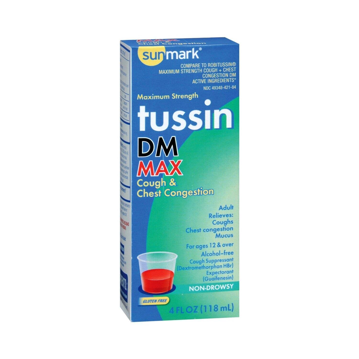 Sunmark Non-Drowsy Maksimum Fuqie Tussin për Kollë dhe Bllokim në Mushkëri DM 4Oz