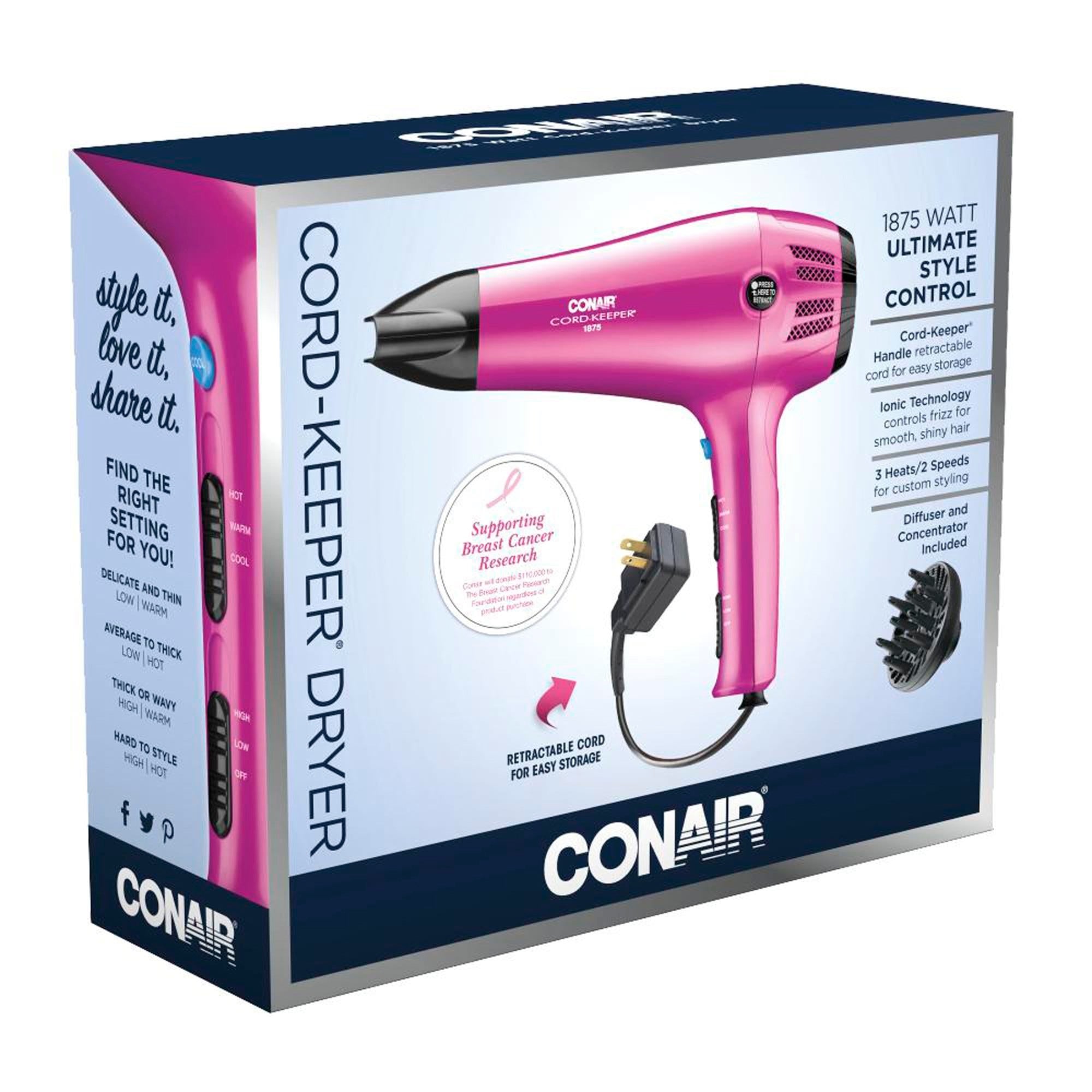 Conair 209R Ionic Ceramic Cord Keeper Haartrockner, Rosa, 1875 Watt