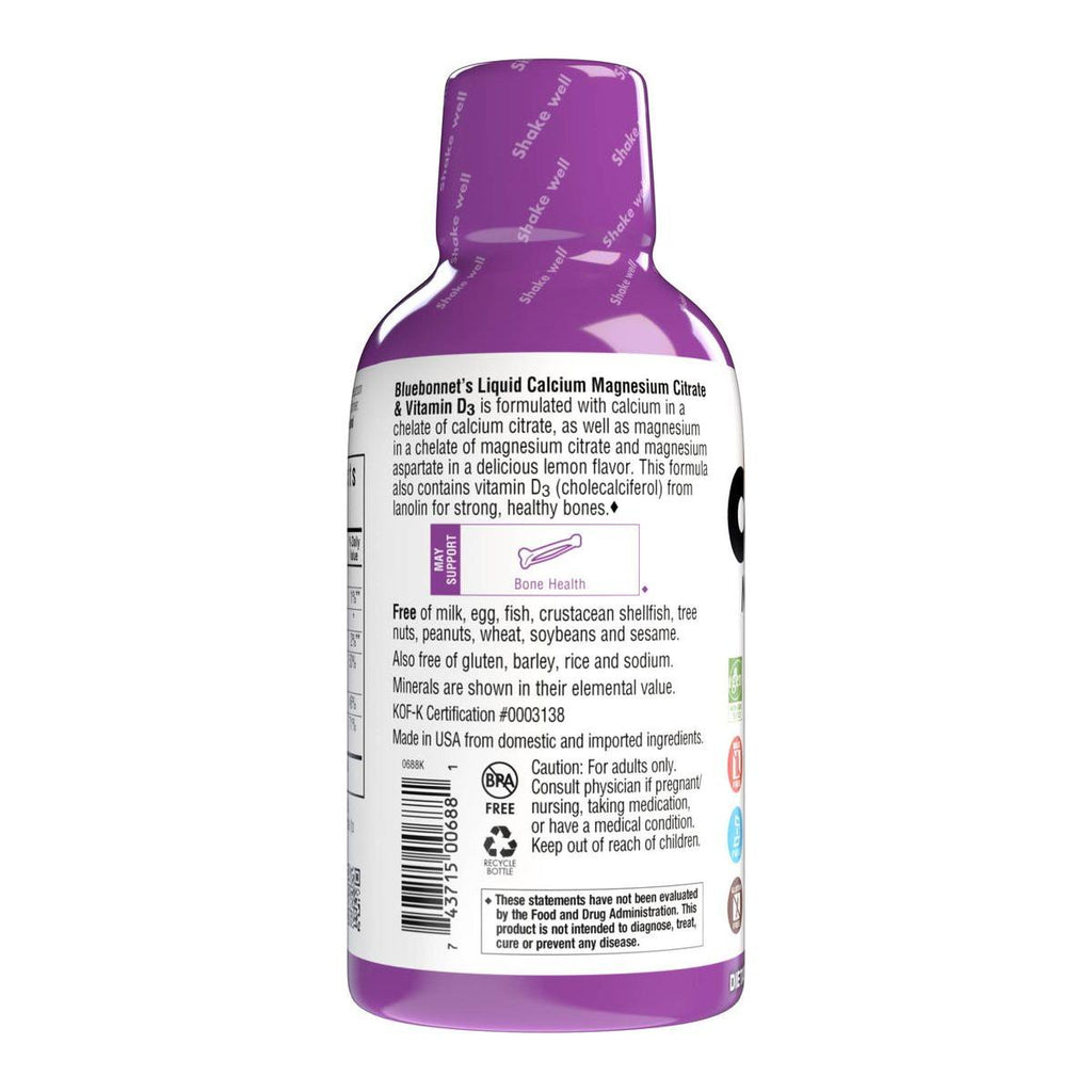 Bluebonnet Liquid Calcium Magnesium Citrate Plus Vitamin D3, Lemon, 16 oz
