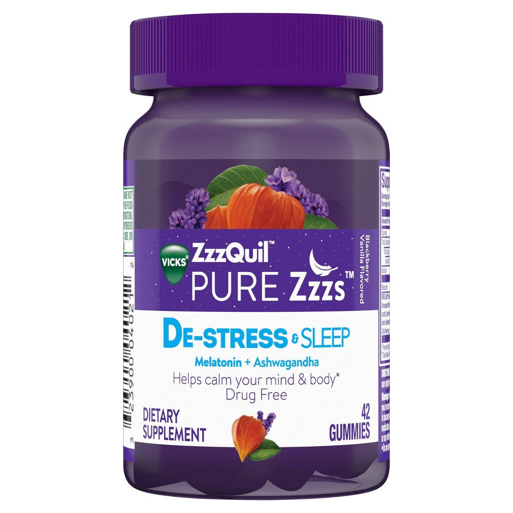 Vicks Pure Zzzs Kocka Gomash Ashwagandha & Melatonin për Lehtësim Stresi dhe Gjumë – Vanilje Mani