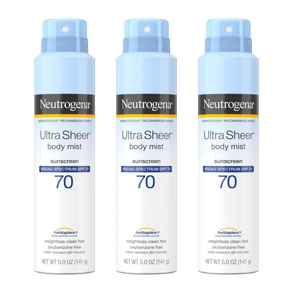 Sprej kundër diellit Neutrogena Ultra Sheer Body Mist, Spektër i Gjerë SPF 70, Sprej i lehtë kundër diellit, Jo i yndyrshëm dhe rezistent ndaj ujit, Pa vaj dhe Jo-komedogjenik U