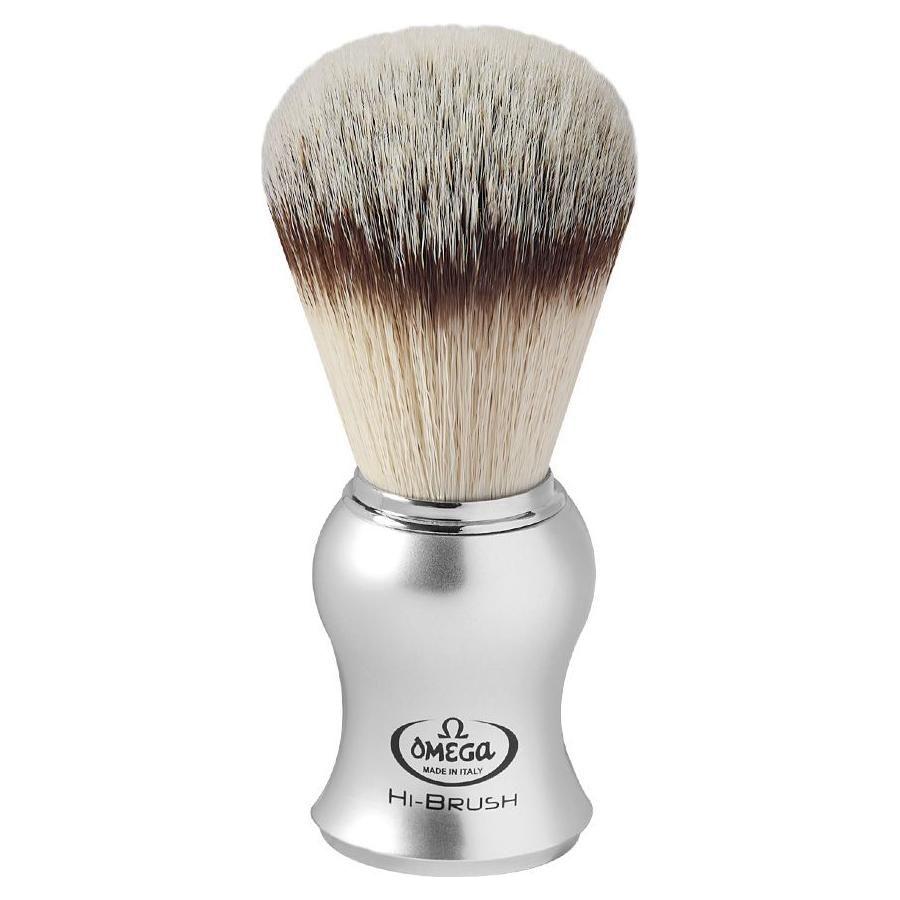 Omega Premium Rasierpinsel Hi-Brush mit Synthetikhaar, satinsilberner Griff #46229