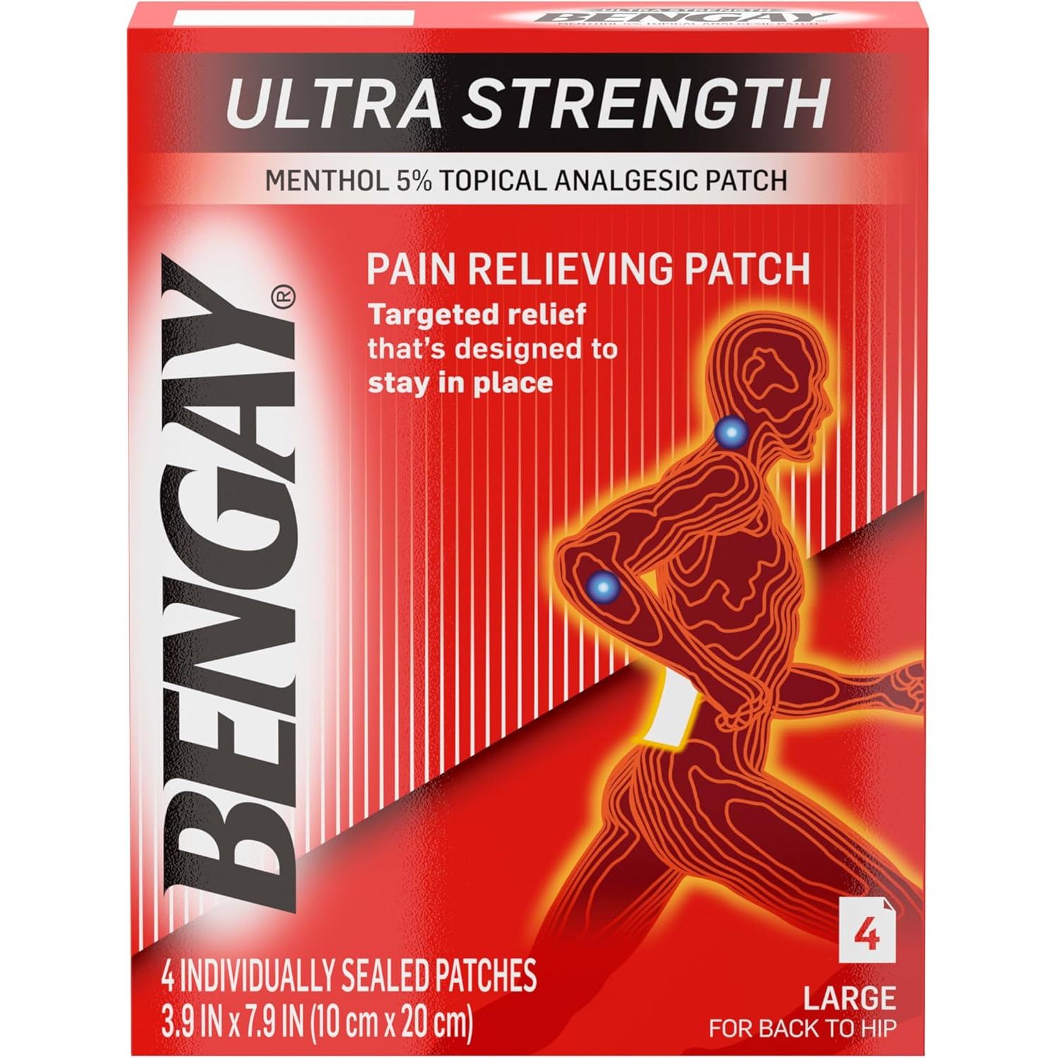 Bengay Ultra Strength Schmerzlinderndes Pflaster für Rücken und Hüfte, groß 10 x 20 cm - 4 St.