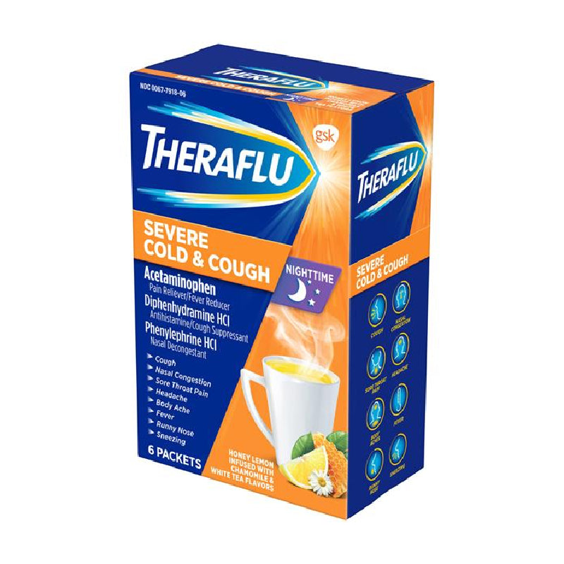 Theraflu Ftohje e Rëndë & Kollë në Pluhur Paketime Nata me Mjaltë Limon, E Infuzuar me Shije Kamomili & Çaj të Bardhë