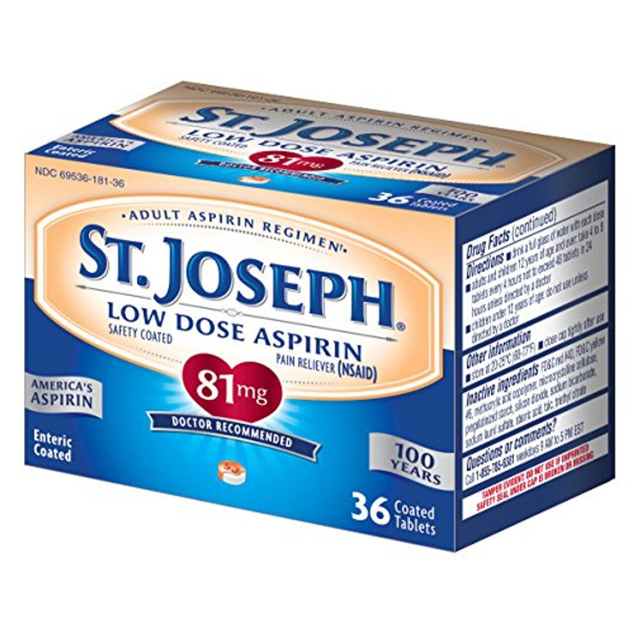 St. Joseph Niedrigdosiertes Aspirin 81 mg, Unterstützung der Herzgesundheit, 36 überzogene Tabletten