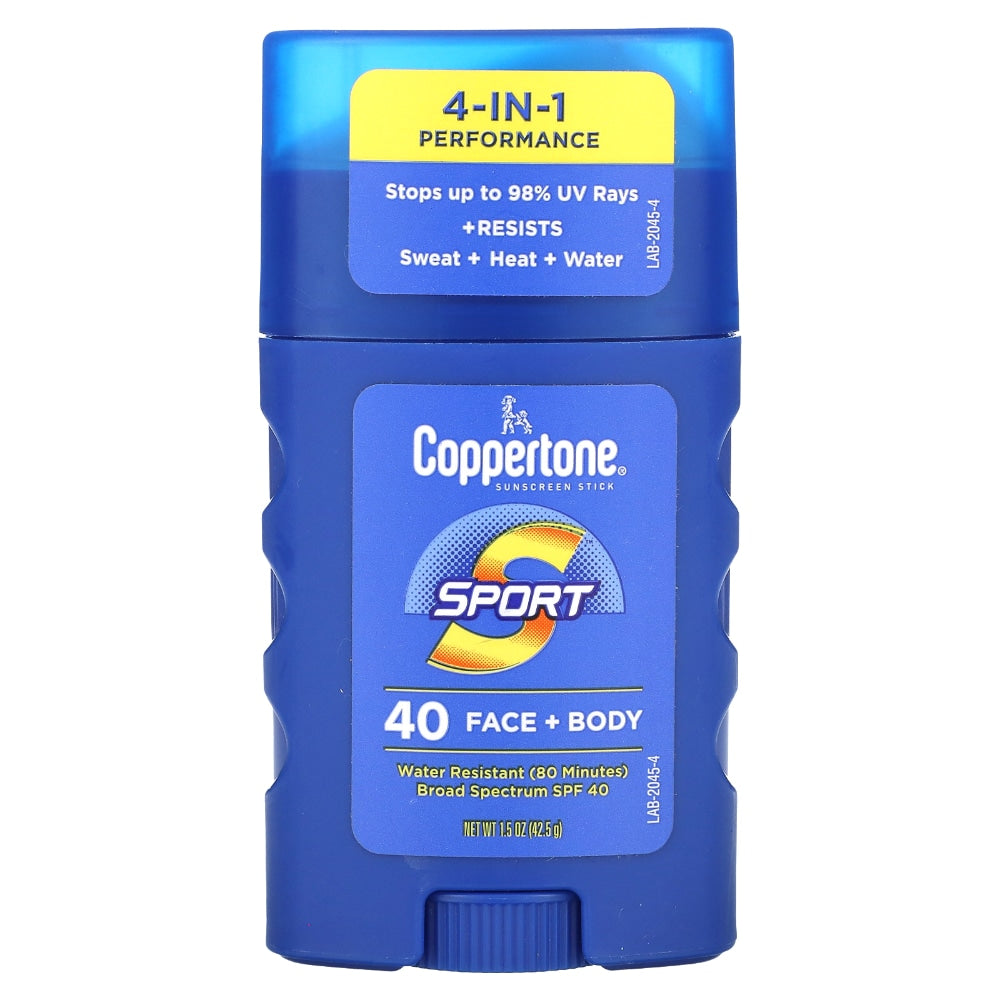Coppertone Sport Krem Dielli në Shkop 4 në 1 Performance për Fytyrë + Tru Broad Spectrum, SPF 40, 1.5 Oz