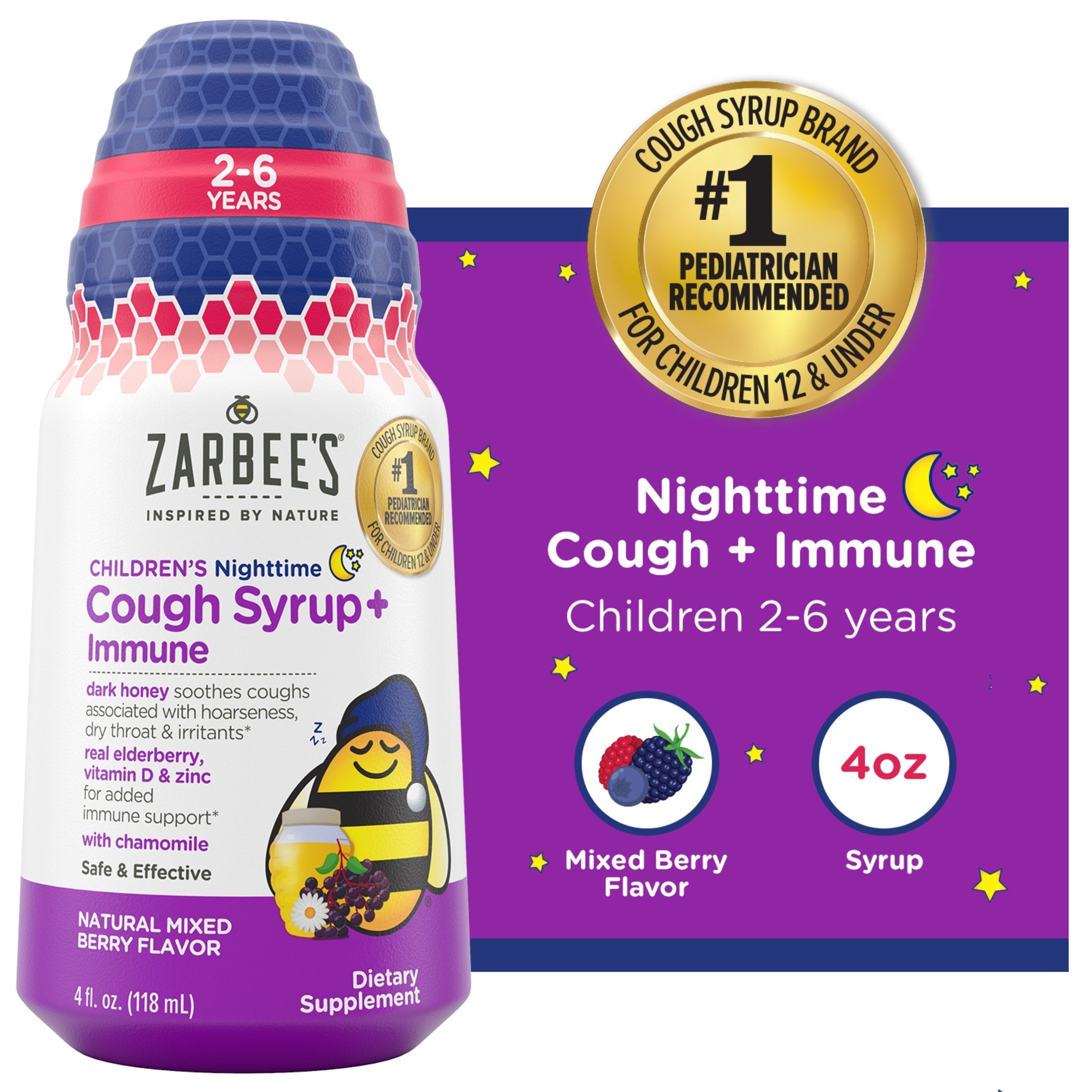 Zarbee's® Kinder Nacht Hustensaft + Immun – Natürliche Waldbeere (118 ml)