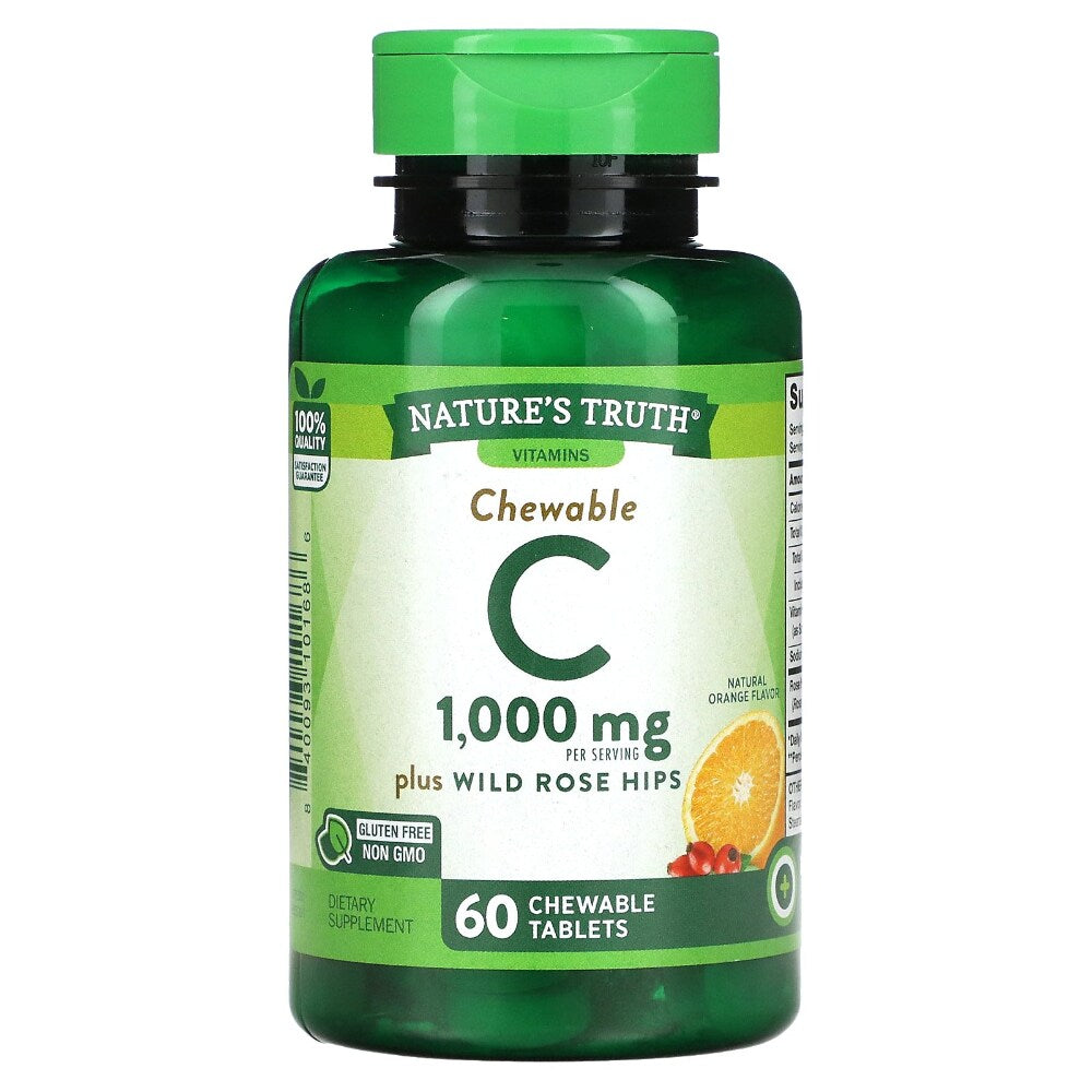 Nature's Truth Vitaminë C 1000mg + Trëndafil i egër (Wild Rose Hips), Mbështetje Imunitare, 60 Tableta të Përtypura
