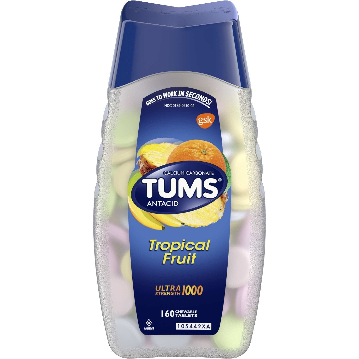 Tums Ultra Strength Tableta Antacide të Përtypshme me Shije Frutash Tropikale të Ndryshme për Lehtësimin e Urthit