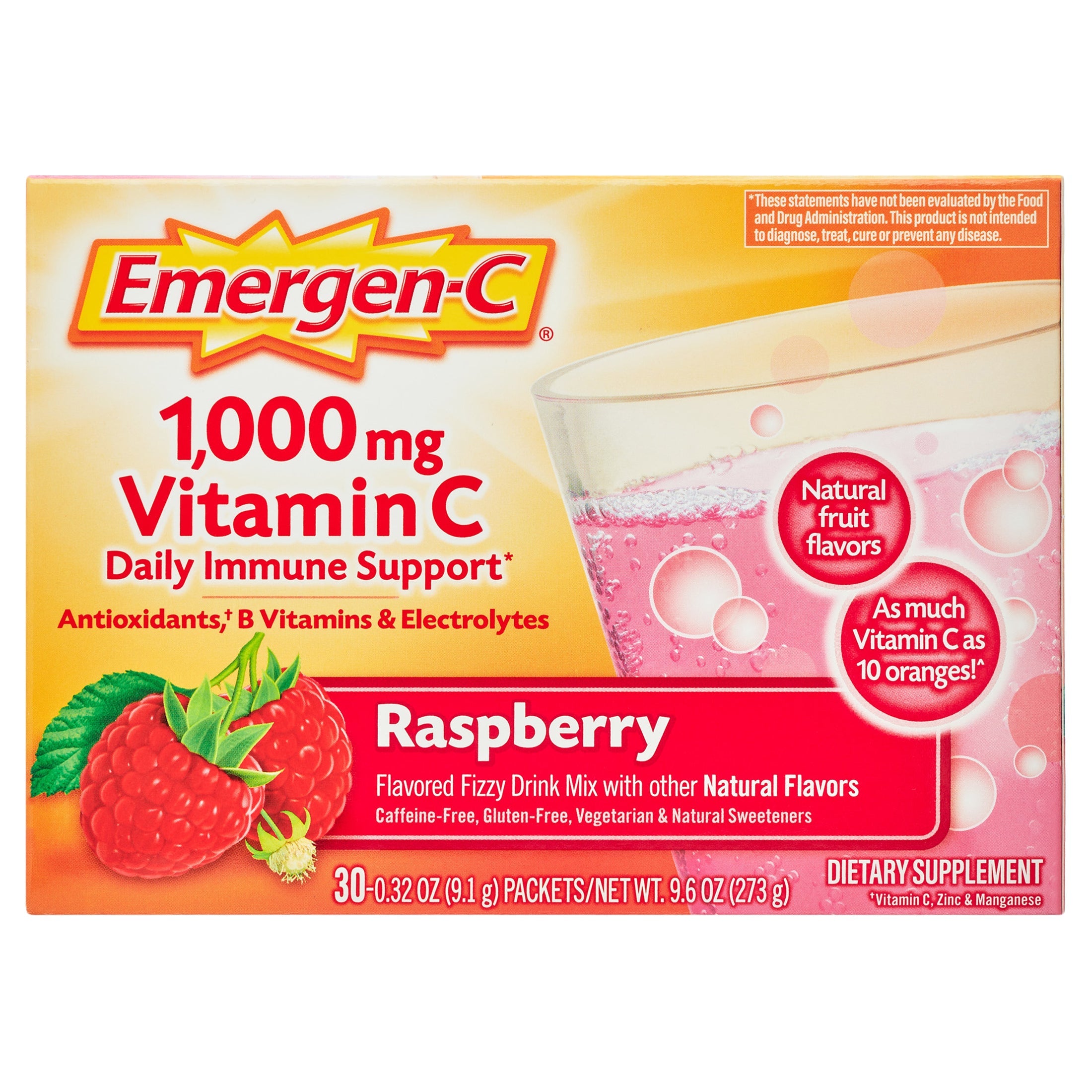Emergen-C Vitamin Fizzy Drink Mix 1000 Mg Raspberry Supplement - 30 Packets/Pack