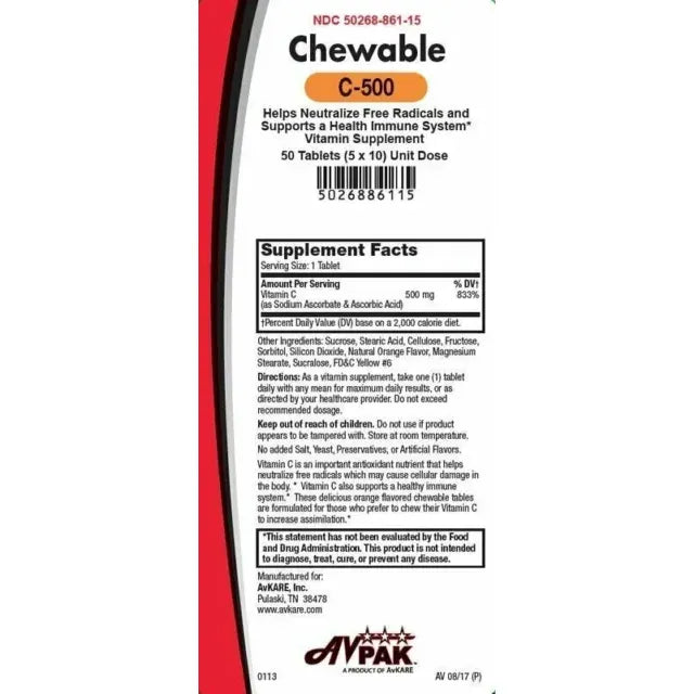 AvKare Vitamin C-500 Kautabletten zur Unterstützung des Immunsystems 500 Mg