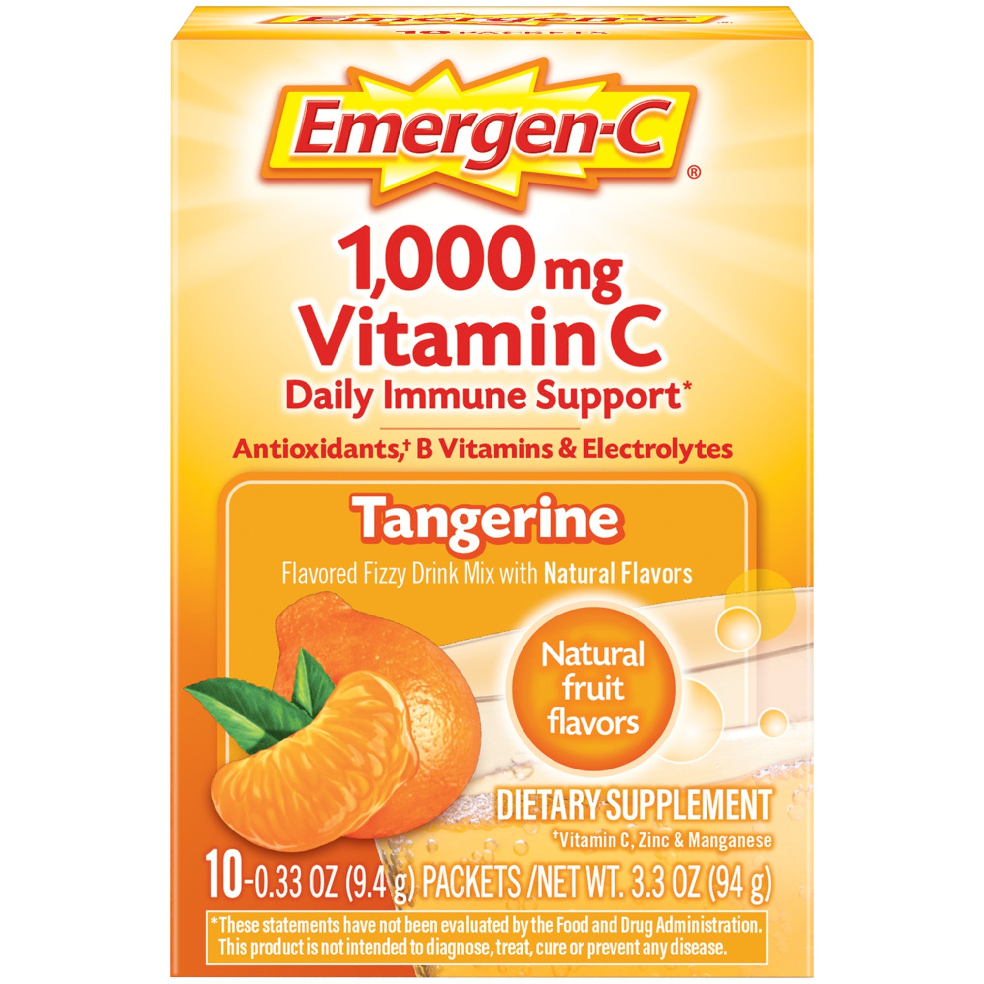 Emergen C 10er Packung, Mandarinen-Geschmack) Nahrungsergänzungsmittel Brausepulver-Getränkemischung mit 1000 mg Vitamin, 0,33 Unzen Päckchen, Koffeinfrei