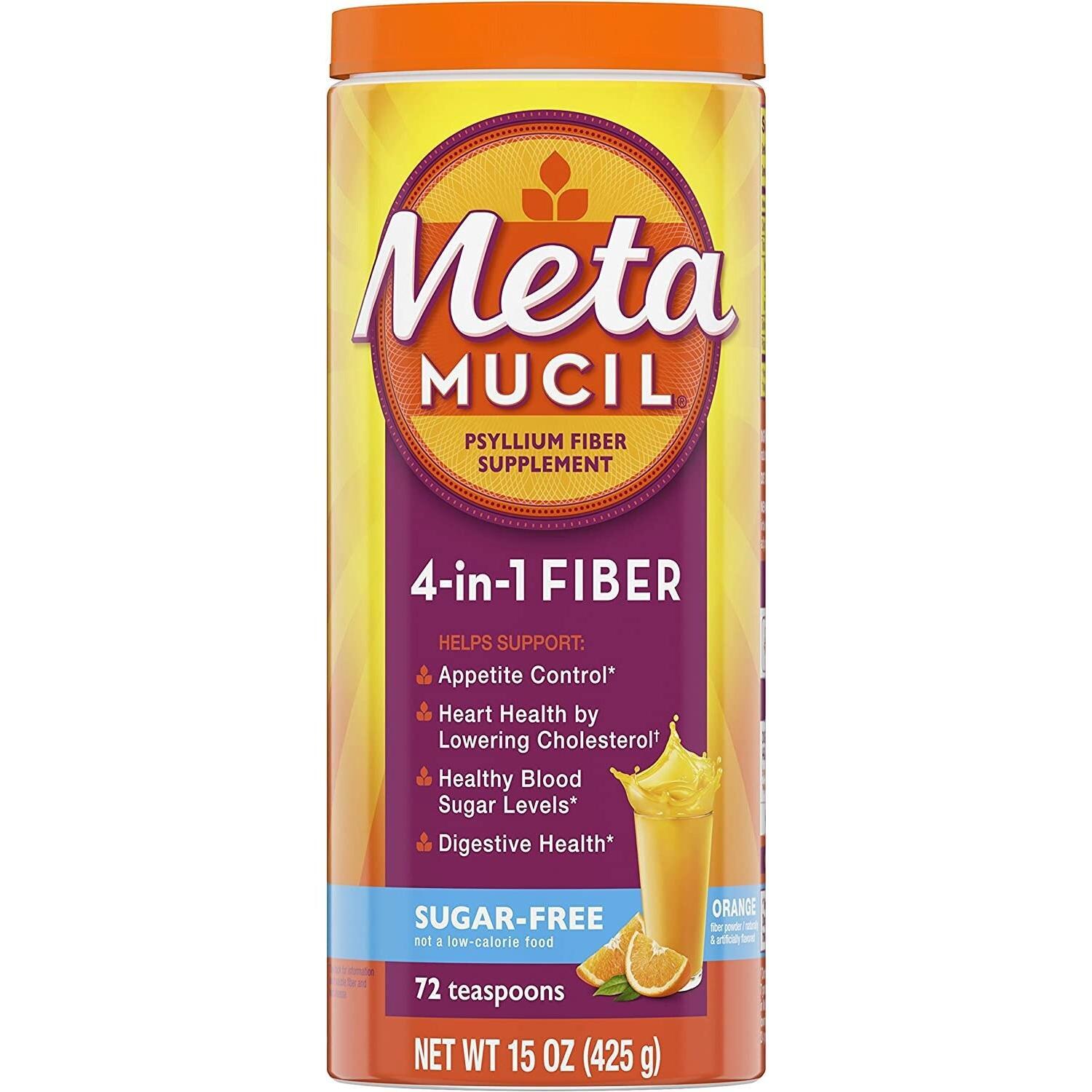 Metamucil Suplement me Fibër Psyllium Pluhur Pa Sheqer - Portokall i Lëmuar