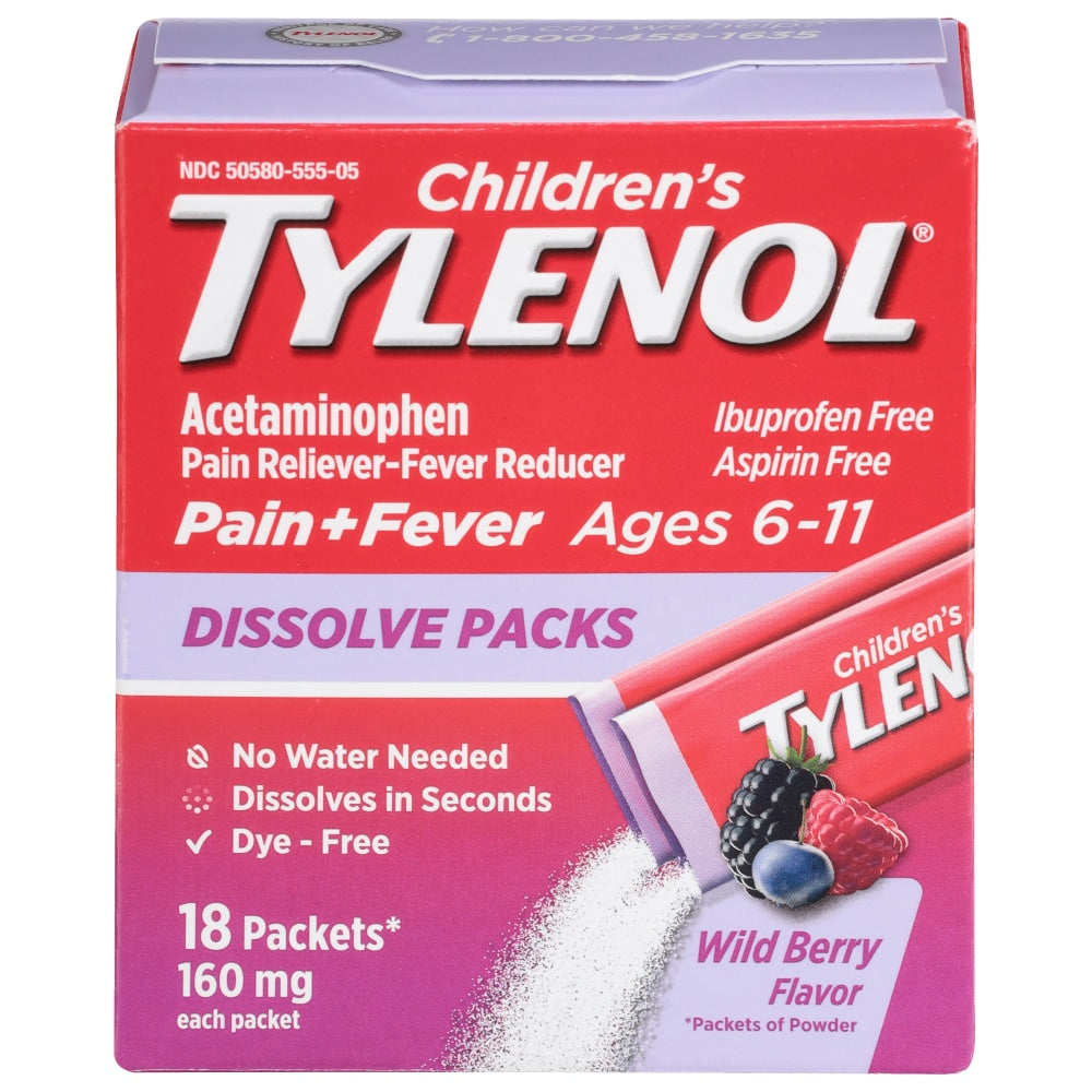 Children's Tylenol Dissolve Packs, Schmerz- und Fiebermittel, Wilde Beere, 18 Stück