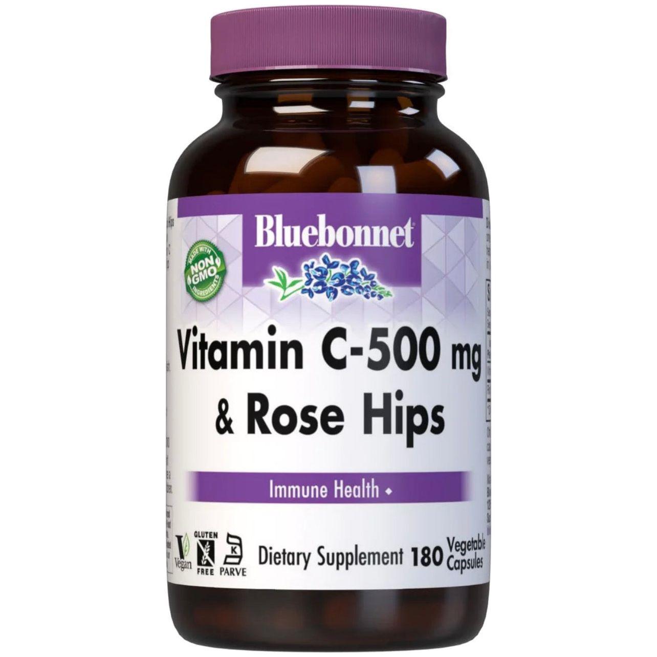 Bluebonnets Vitamina C-500 mg Plus Roza e Egër 180 Kapsula Bimore