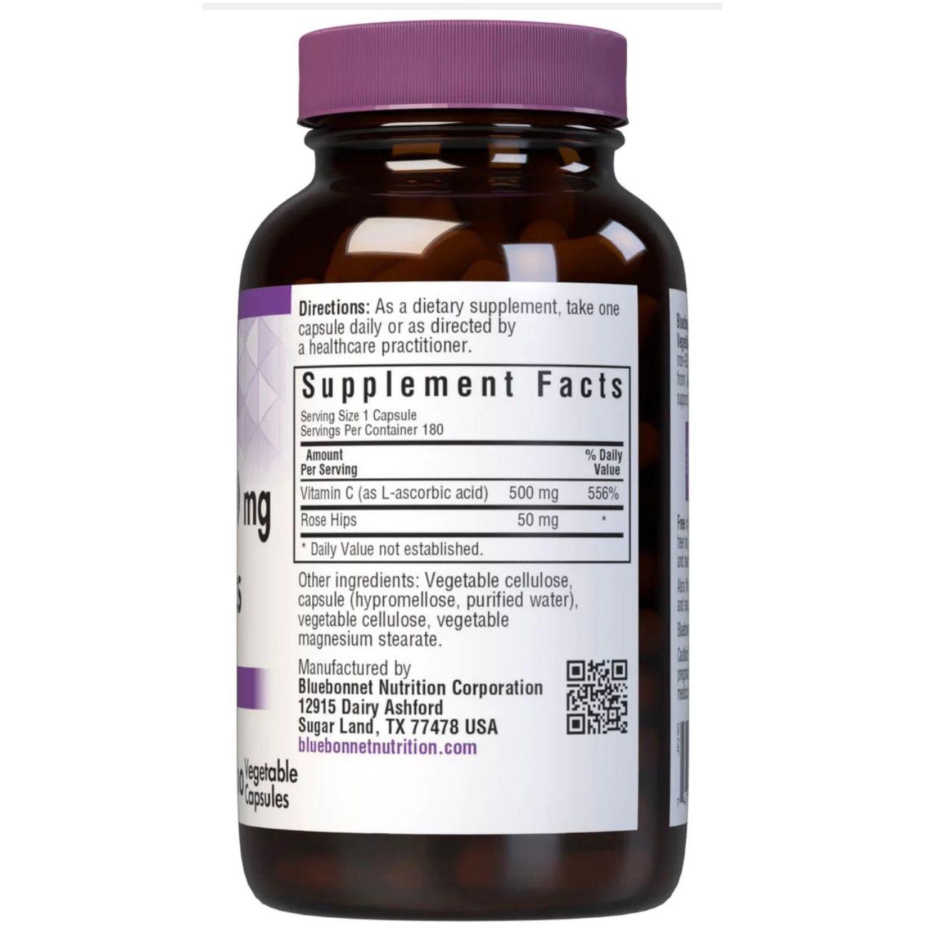 Bluebonnets Vitamina C-500 mg Plus Roza e Egër 180 Kapsula Bimore