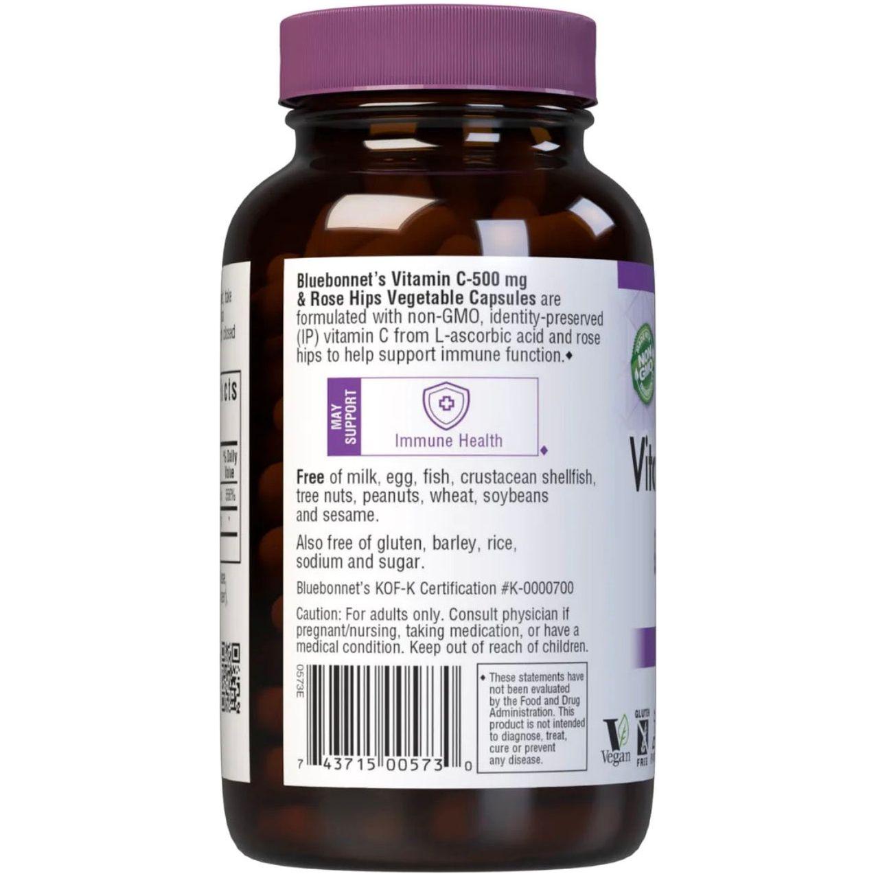 Bluebonnets Vitamina C-500 mg Plus Roza e Egër 180 Kapsula Bimore