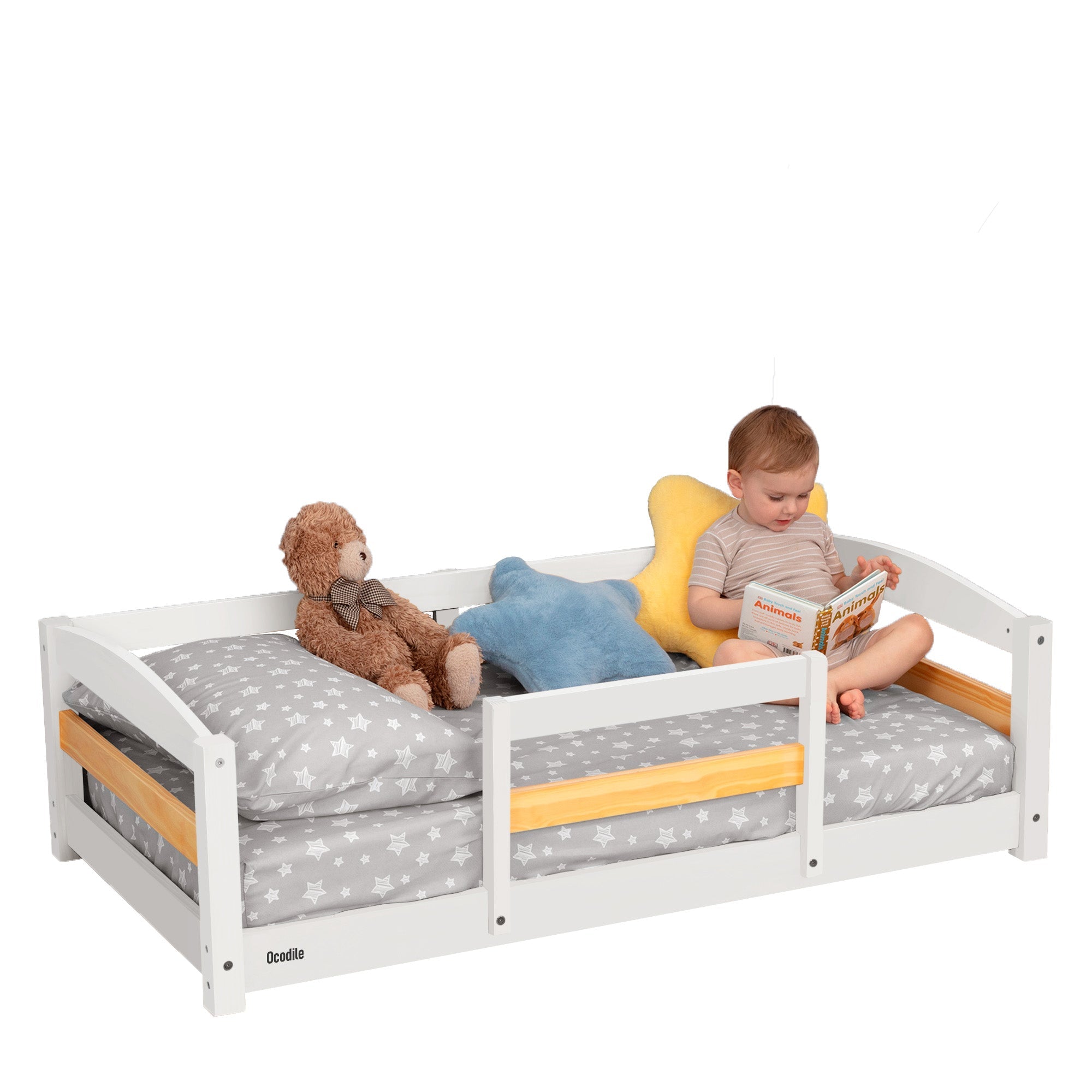 Crib Size Wooden Floor Bed Frame with Rails for Toddlers Age 1–3