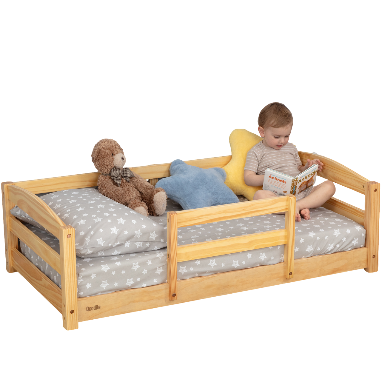 Crib Size Wooden Floor Bed Frame with Rails for Toddlers Age 1–3