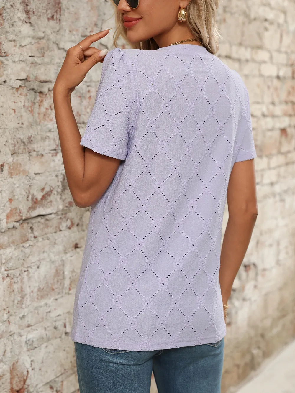 Eyelet Notched Short Sleeve Top - Purple