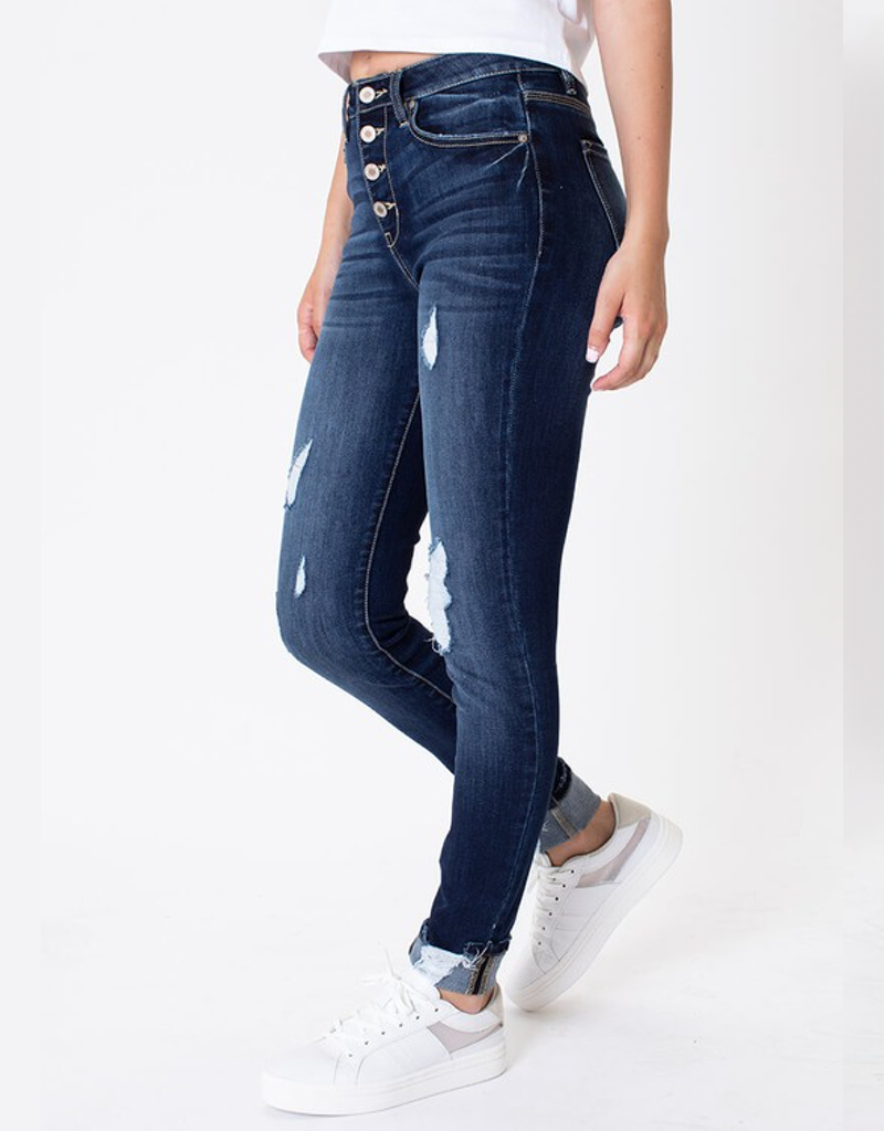 High Rise 4 Button Super Skinny Distressed - Medium Wash