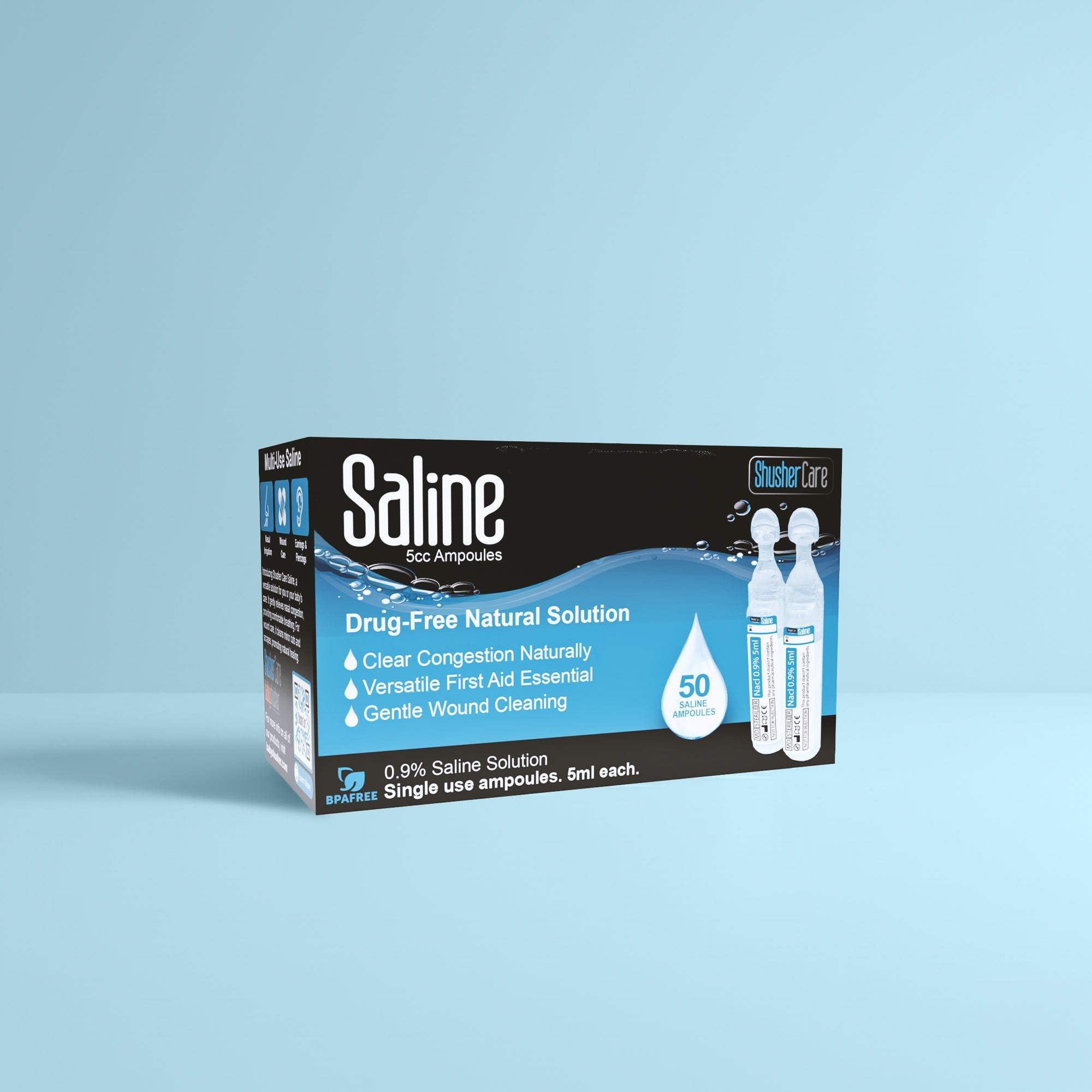 Shusher Care Saline Ampoules – Sterile Single-Use Saline Solution for Nasal, Wound & Piercing Care