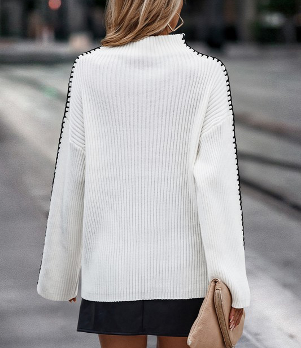 Strip Color Block High Neck Sweater - White