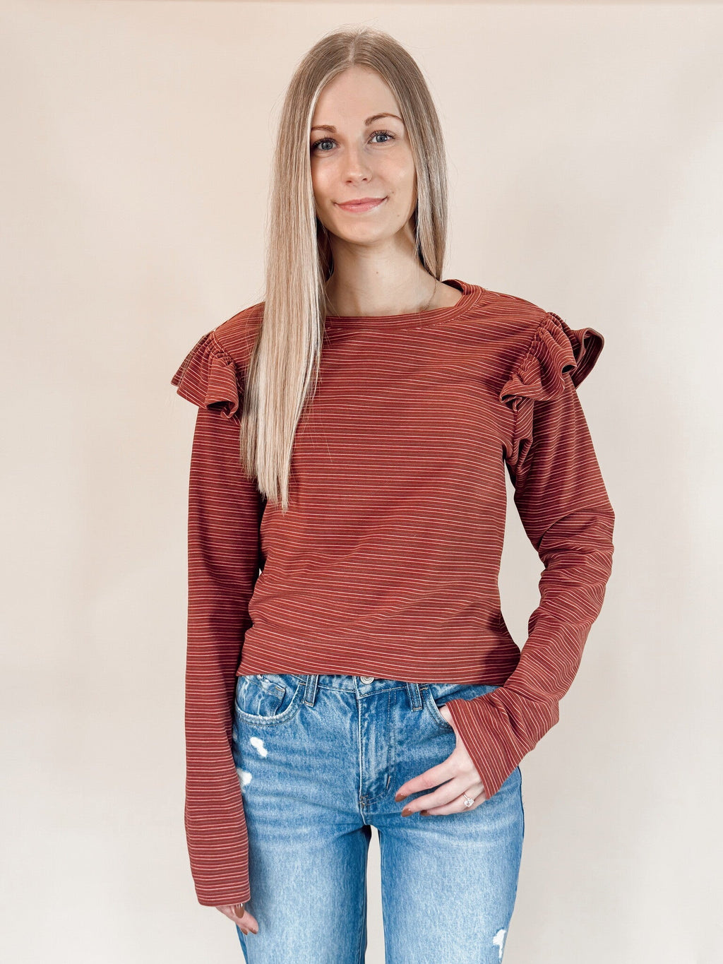 Soft Touch Striped Ruffle Shoulder Top - Brick Red