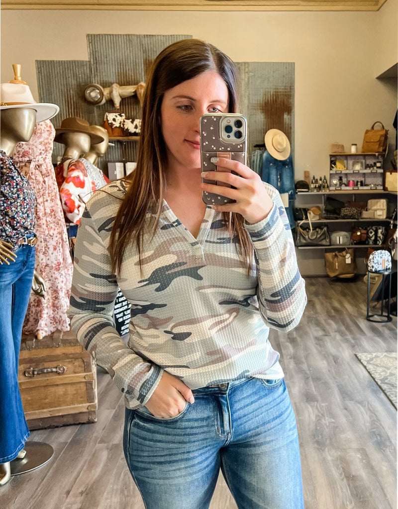 Thea Camo Waffle Long Sleeve - Green